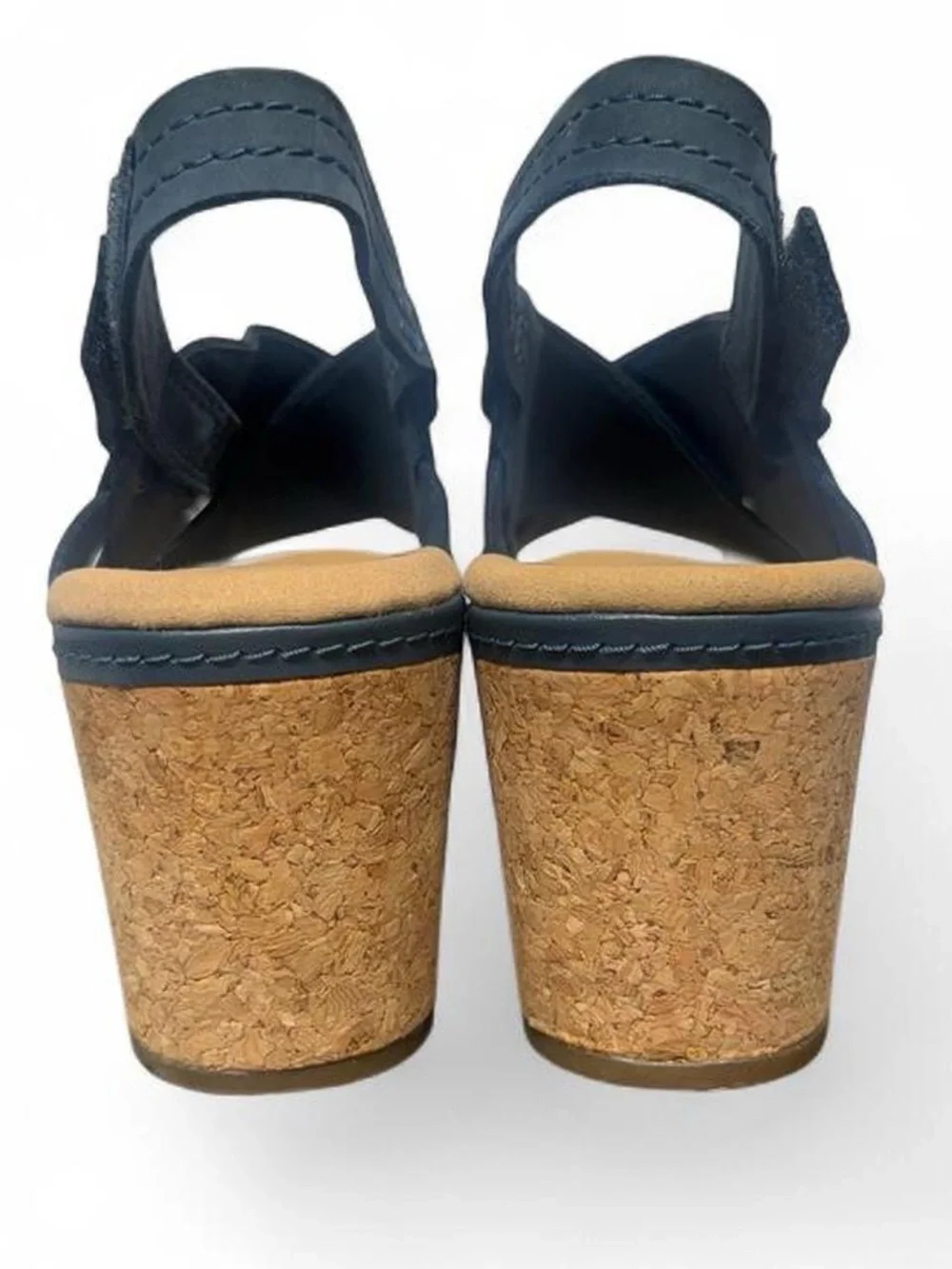 Clark’s Ultimate Comfort Giselle Dove Navy Nubuck Cork Wedge Sandals. NWOT!